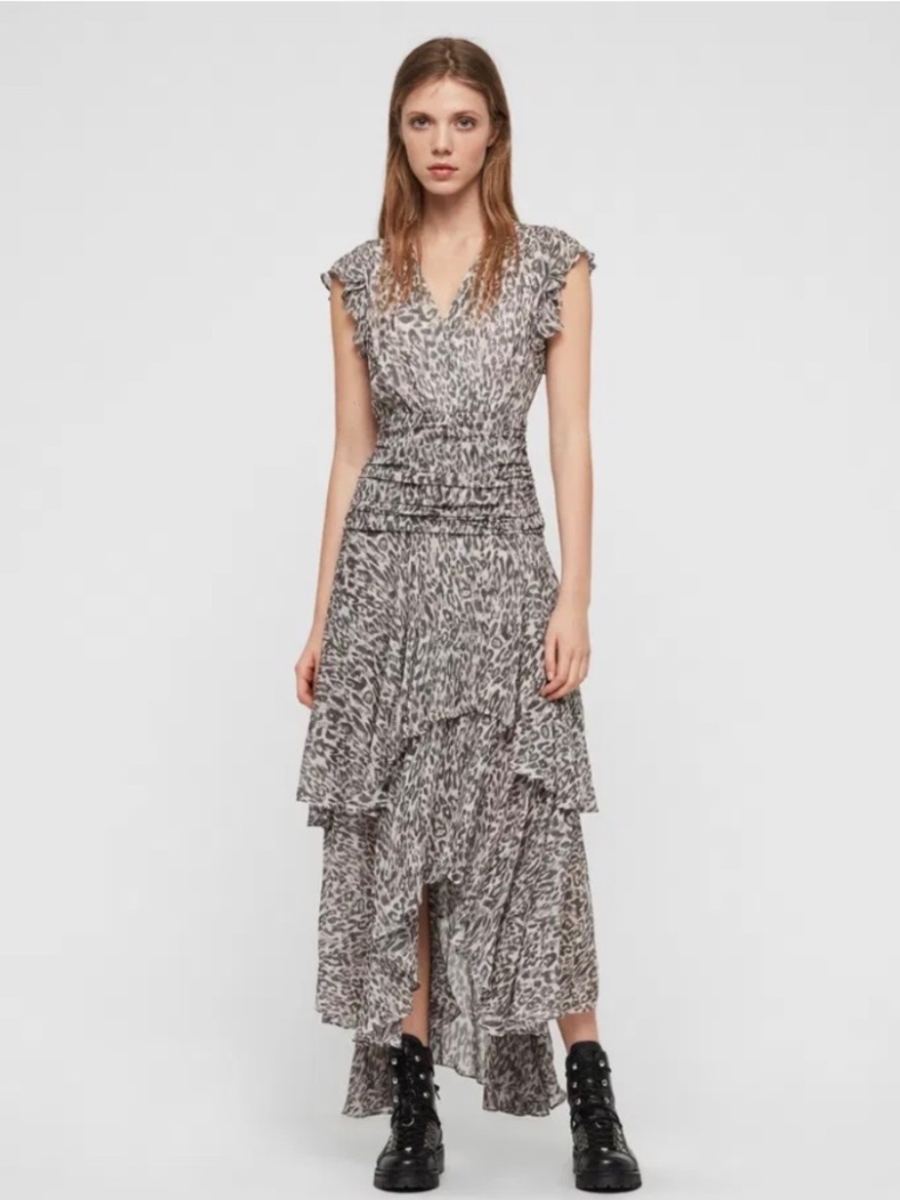 All Saints Caris Kara gray leopard print midi dress